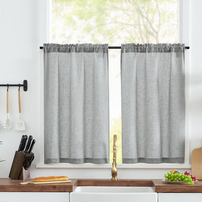 Curtainking Farmhouse Rod Pocket Semi-Sheer Cafe Curtains, Linen Textured Window Curtains, 2 Panels
