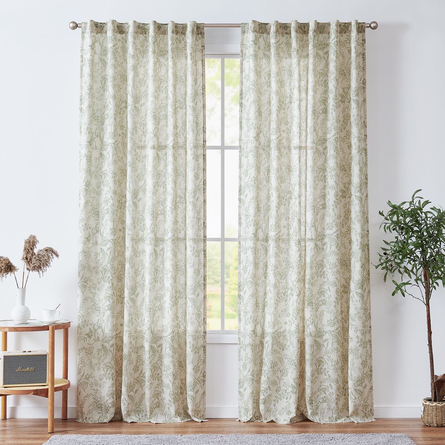 Curtainking Floral Curtains Linen Farmhouse Curtains for Living Room Country Curtains Back Tab Semi Sheer Curtains Light Filtering 2 Panels