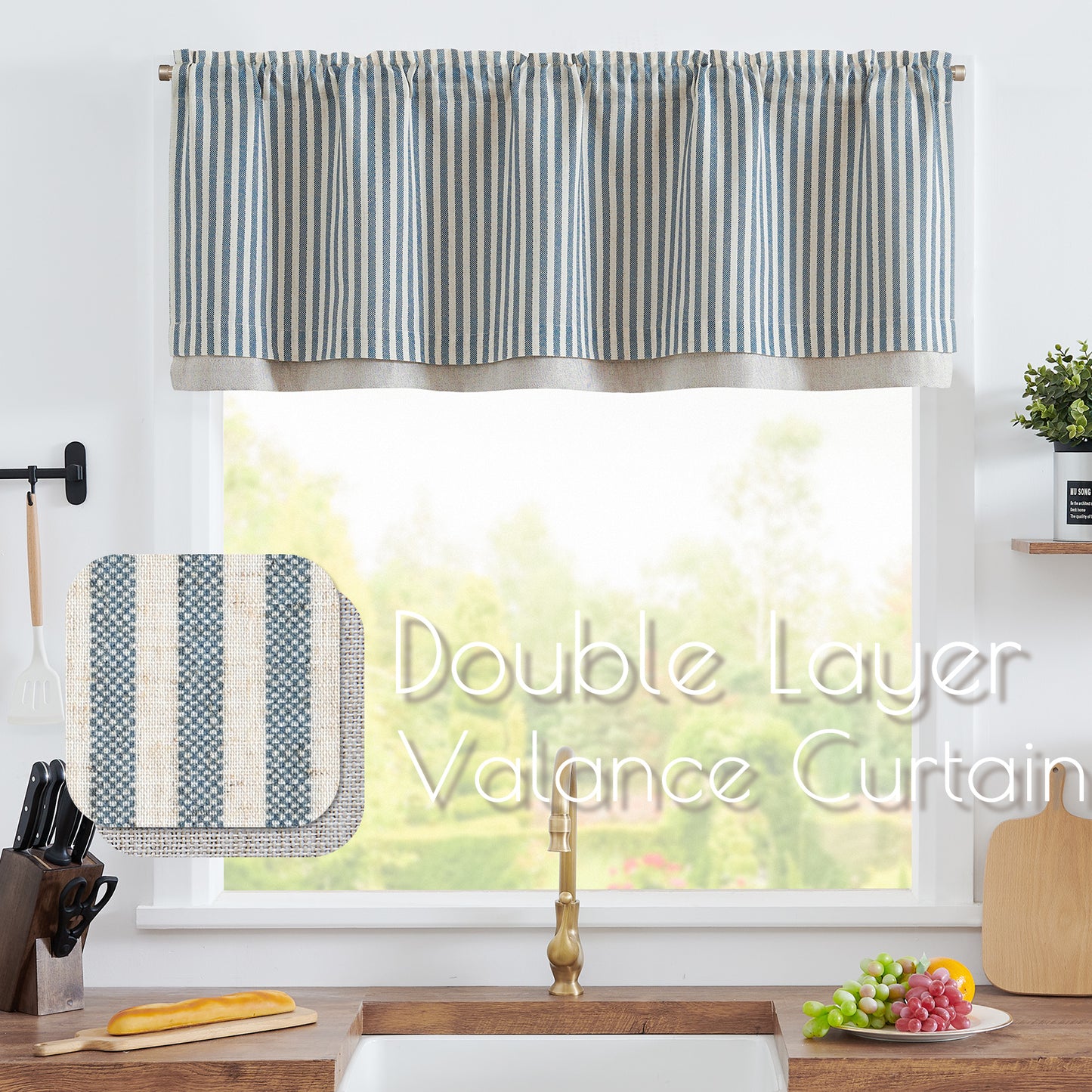 Curtainking Rod Pocket Linen Valance Curtain Double Layer Valance for Kitchen 1 Panel