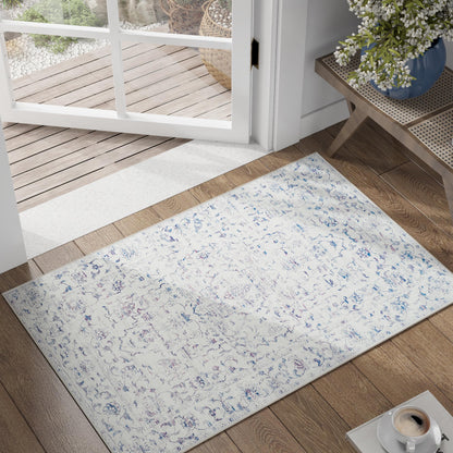 RUGKING Blue Vintage Area Rug Floral Carpet Distressed Mat, Foldable Non Slip Accent Rug for Kitchen Living Room