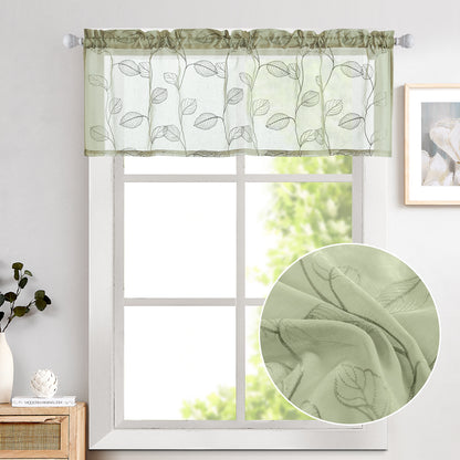 Curtainking Leaf Embroidered Window Topper Valance Farmhouse Sheer Kitchen Valance Light Filtering Short Curtains Rod Pocket 1 Panel Drape