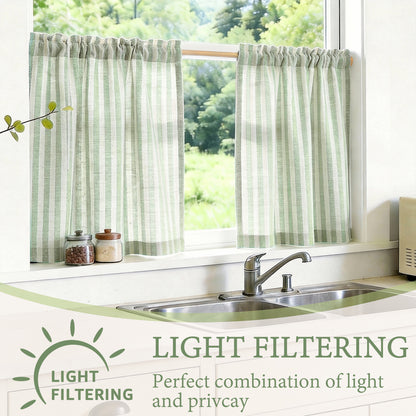 TOPICK Striped Kitchen Curtains and Valance Set Small Linen Curtains for Cafe Living Room Bathroom Farmhouse 3 Pieces Set Rod Pocket