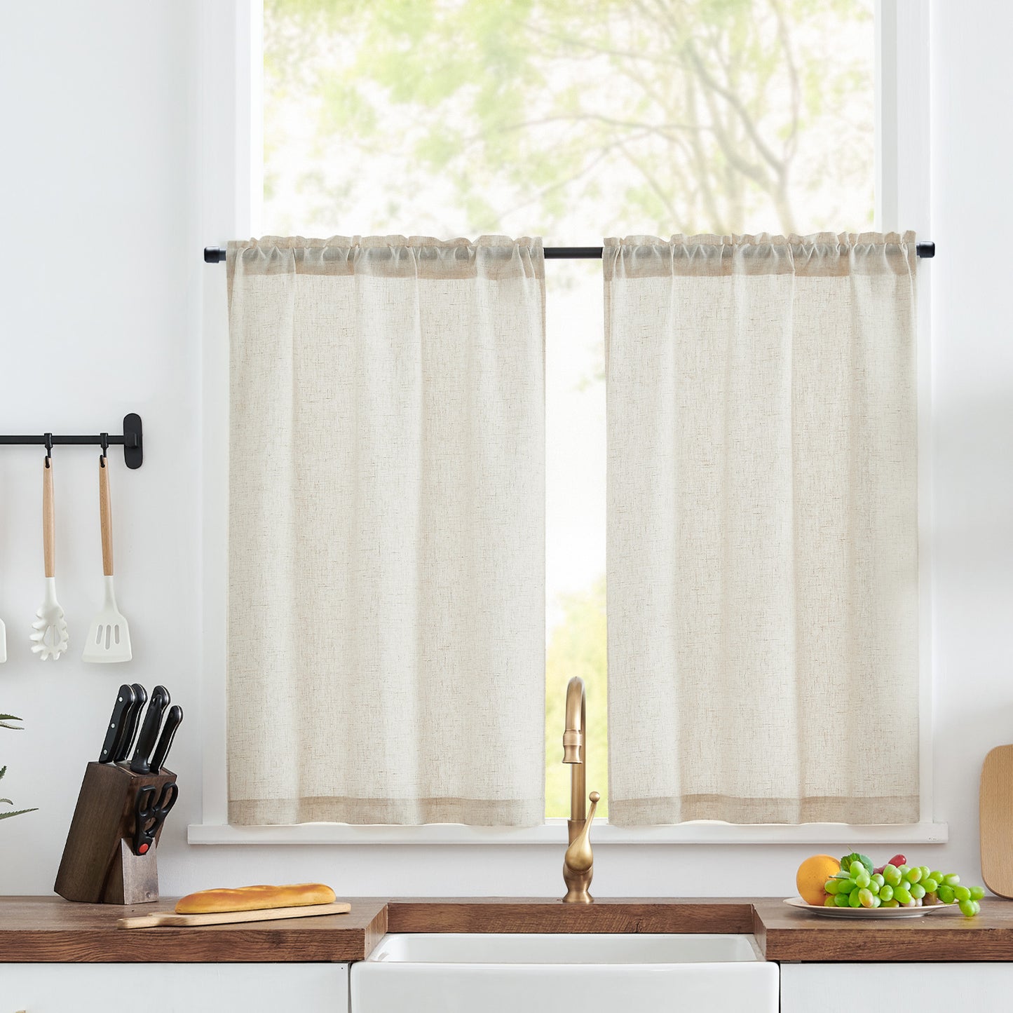 Curtainking Farmhouse Rod Pocket Semi-Sheer Cafe Curtains, Linen Textured Window Curtains, 2 Panels