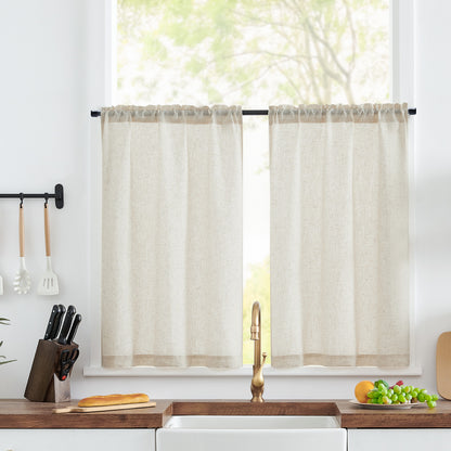 Curtainking Farmhouse Rod Pocket Semi-Sheer Cafe Curtains, Linen Textured Window Curtains, 2 Panels