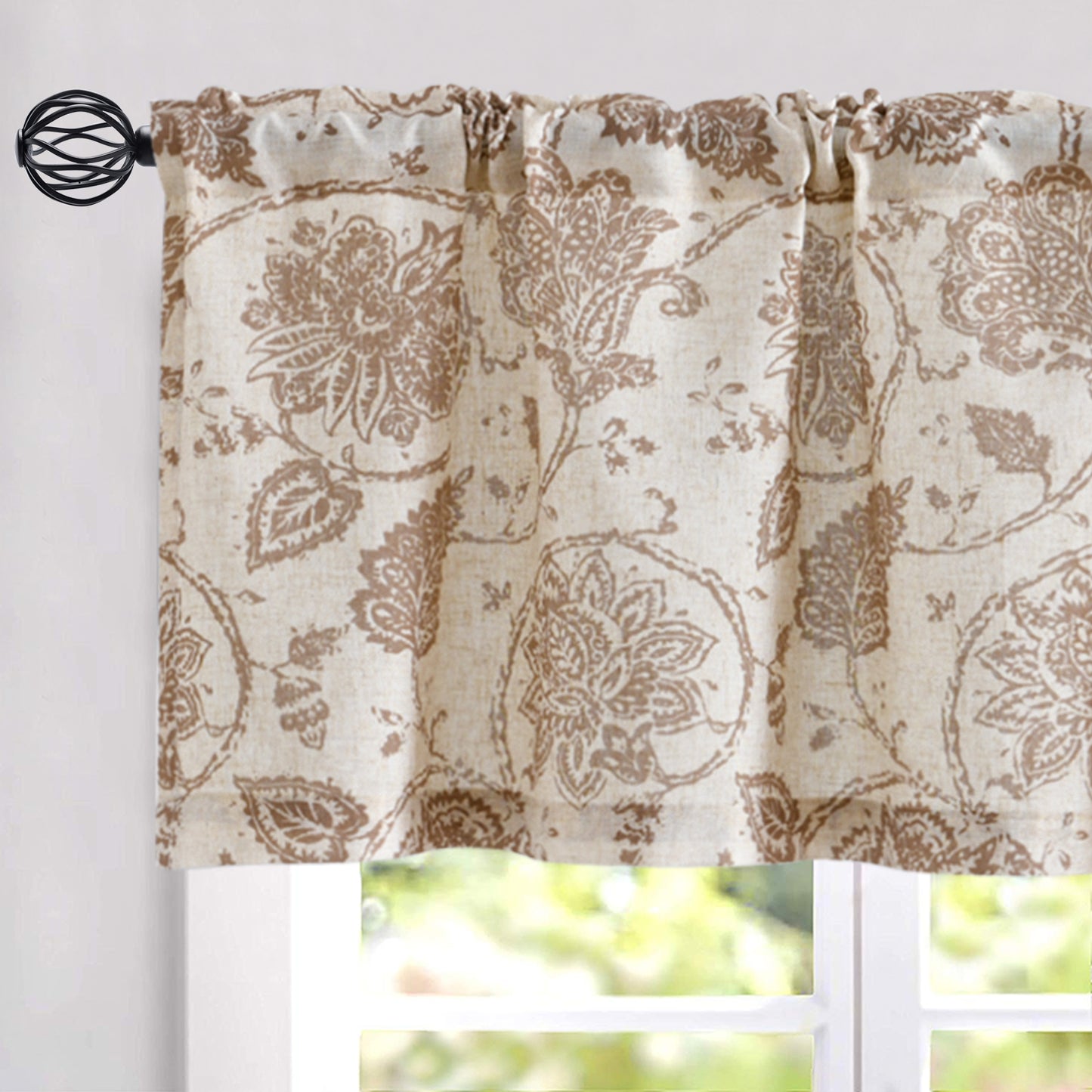 Curtainking Kitchen Valance  Linen Textured Floral Printed Small Window Valance 1 Panel