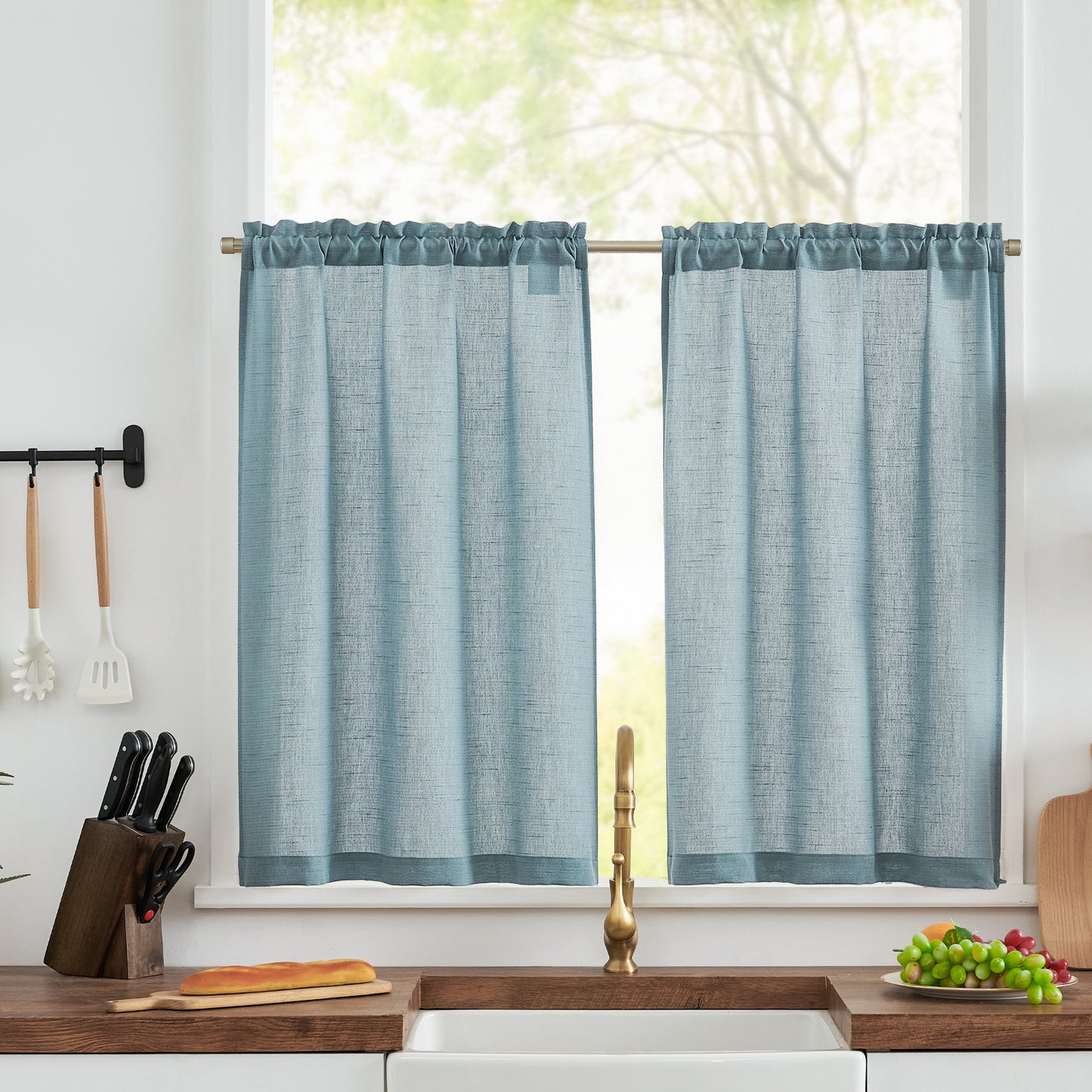 Curtainking Farmhouse Rod Pocket Semi-Sheer Cafe Curtains, Linen Textured Window Curtains, 2 Panels