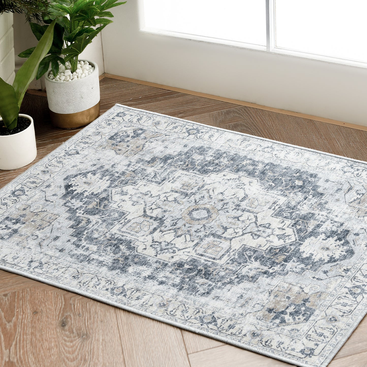 Jinchan Vintage Distressed Medallion Grey Foldable Living Room Area Rug