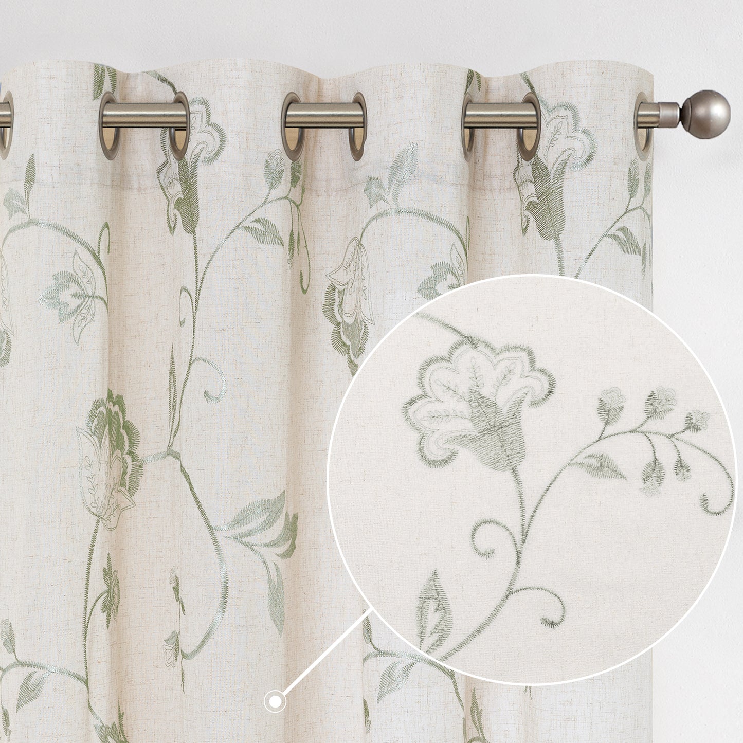 Curtainking Linen Curtains Floral Embroidery Farmhouse Light Filtering Grommet Curtain Panels 2 Pcs