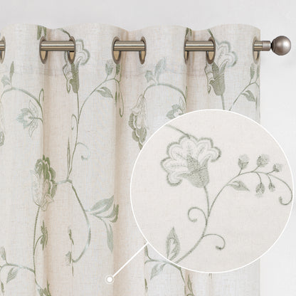 Curtainking Linen Curtains Floral Embroidery Farmhouse Light Filtering Grommet Curtain Panels 2 Pcs