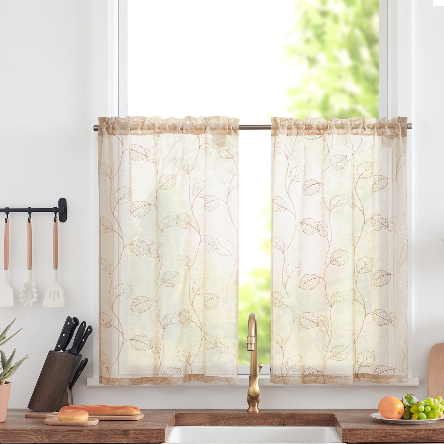 Curtainking Kitchen Curtains Leaf Embroidered Sheer Kitchen Windows Small Cafe Curtains Rod Pocket 2 Panels