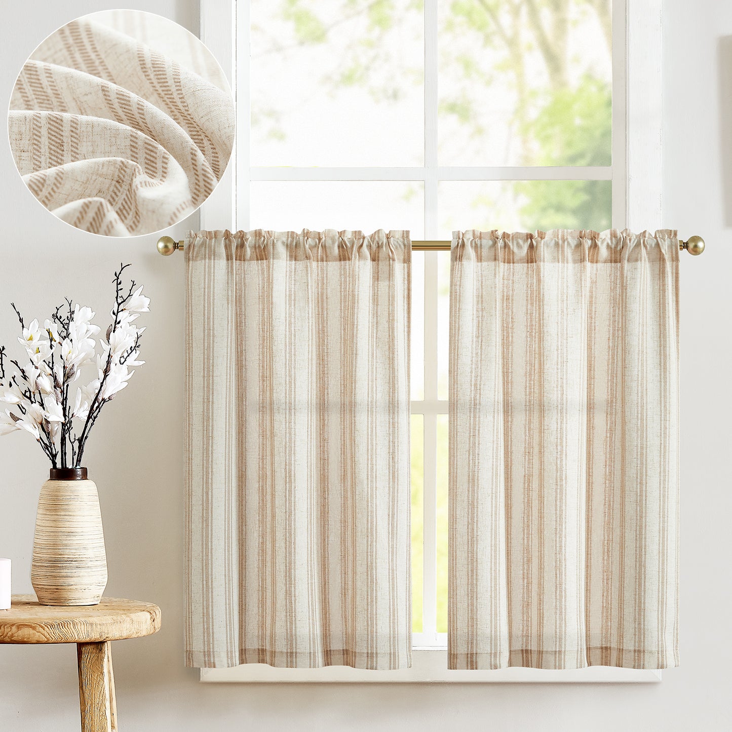 Curtainking Striped Kitchen Curtain Linen Cafe Curtains Semi-Sheer Rustic Farmhouse Tier Curtains Rod Pocket 2 Panels