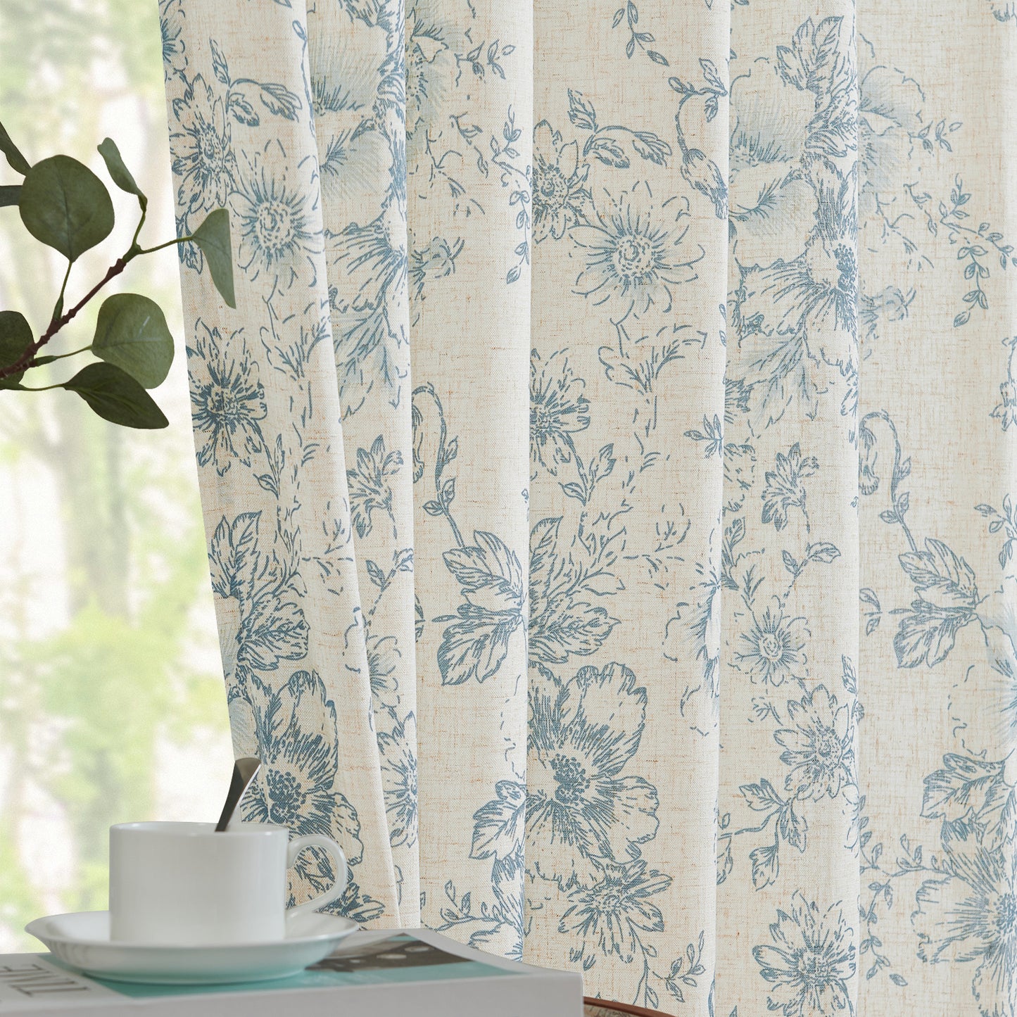 CURTAINKING Linen Curtains Floral Curtains for Living Room Curtains Rod Pocket Back Tab Farmhouse Peony Flower Patterned Drapes Bedroom Window Curtain Set 2 Panels