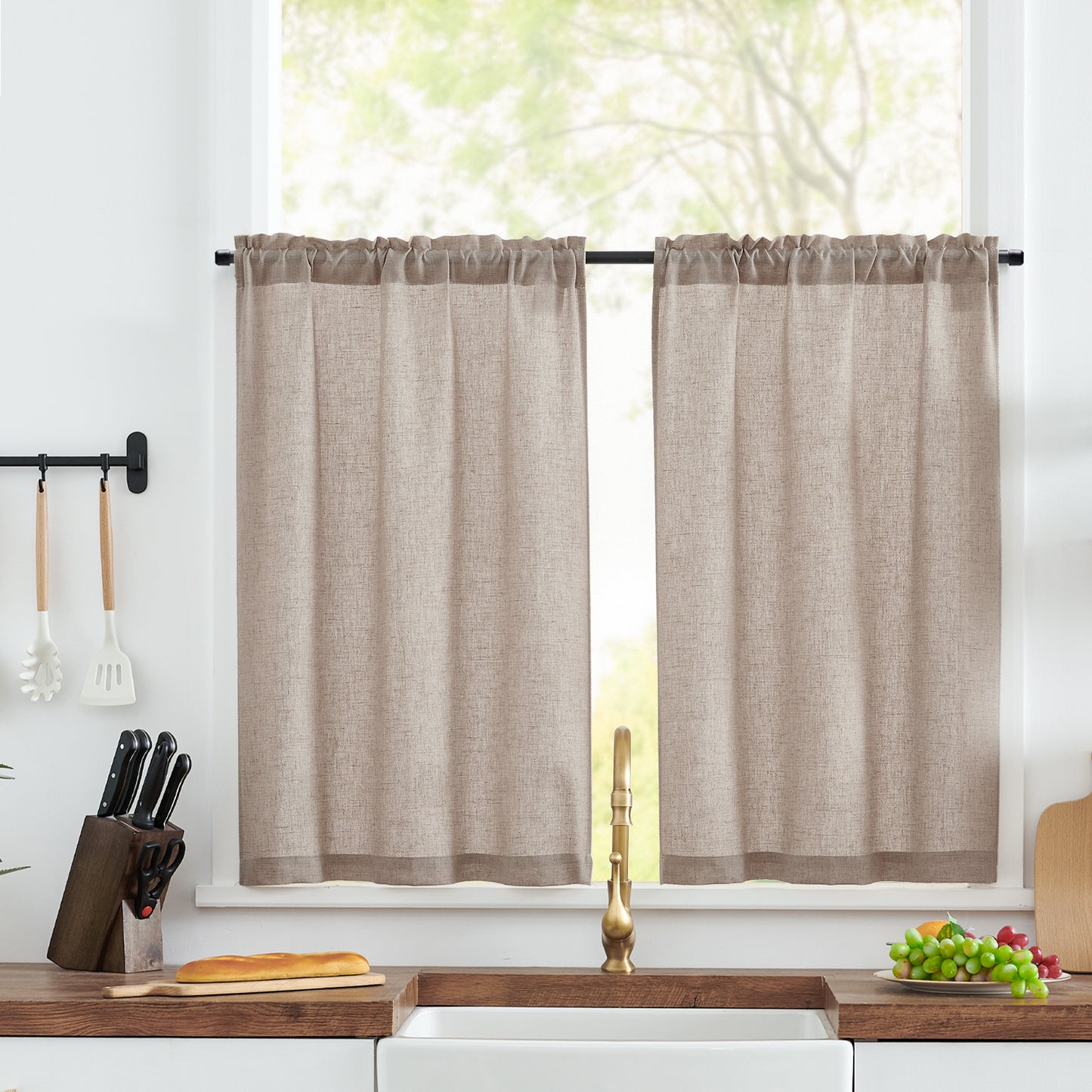 Curtainking Farmhouse Rod Pocket Semi-Sheer Cafe Curtains, Linen Textured Window Curtains, 2 Panels