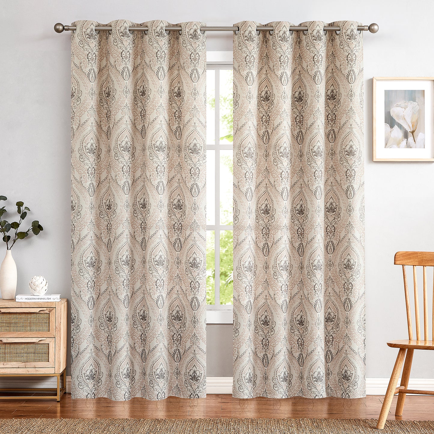 Curtainking Damask Printed Curtains for Bedroom Living Room Linen Textured Thermal Insulated Curtains Grommet 2 Panels