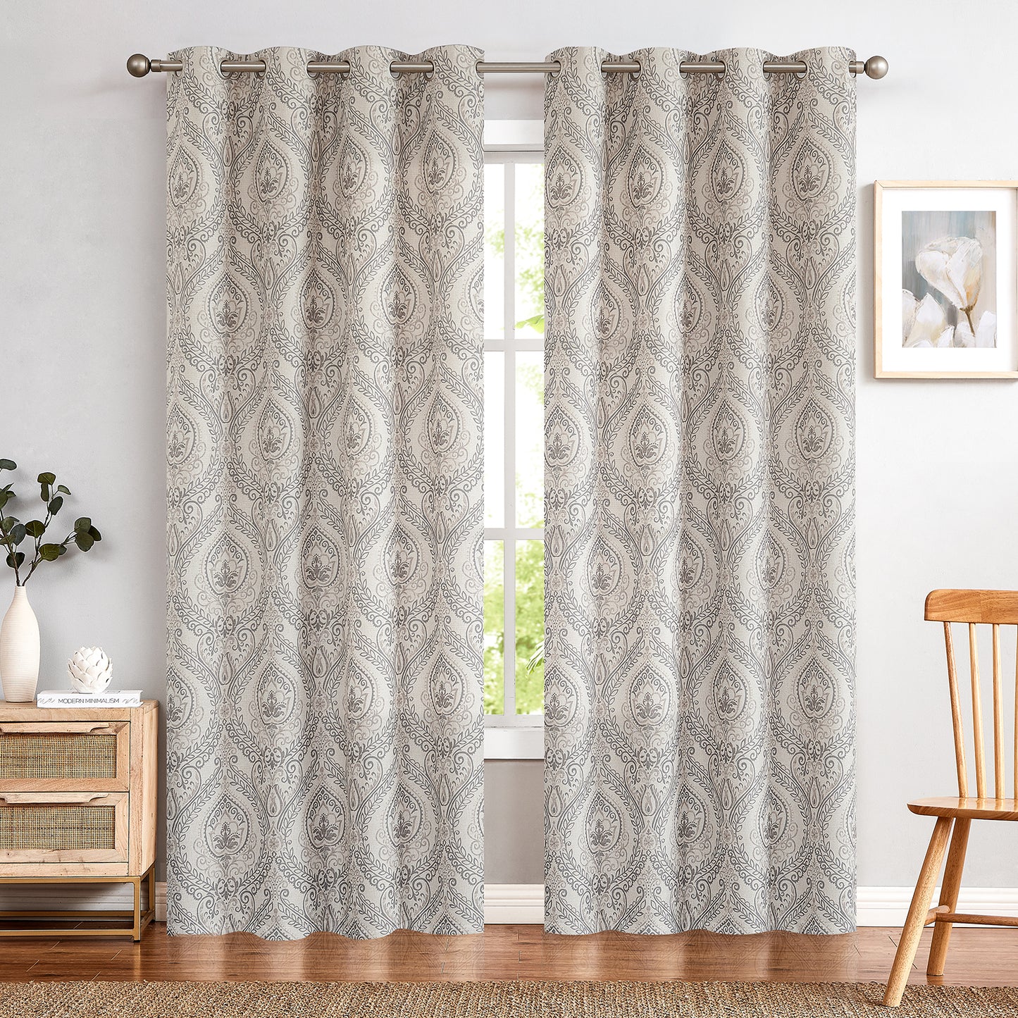 Curtainking Damask Printed Curtains for Bedroom Living Room Linen Textured Thermal Insulated Curtains Grommet 2 Panels