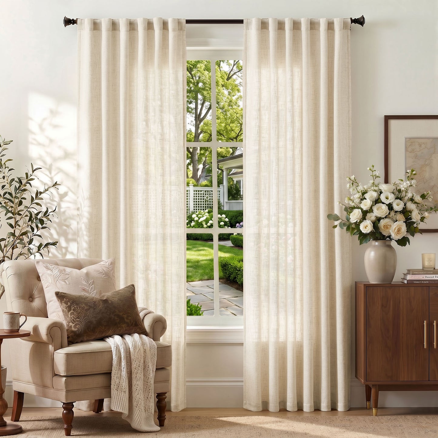 TOPICK Semi Sheer Curtains  Light Filtering Drapes Back Tab Linen Blend Window Treatments for Living Room Bedroom Dining Room 2 Panels