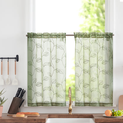 Curtainking Kitchen Curtains Leaf Embroidered Sheer Kitchen Windows Small Cafe Curtains Rod Pocket 2 Panels