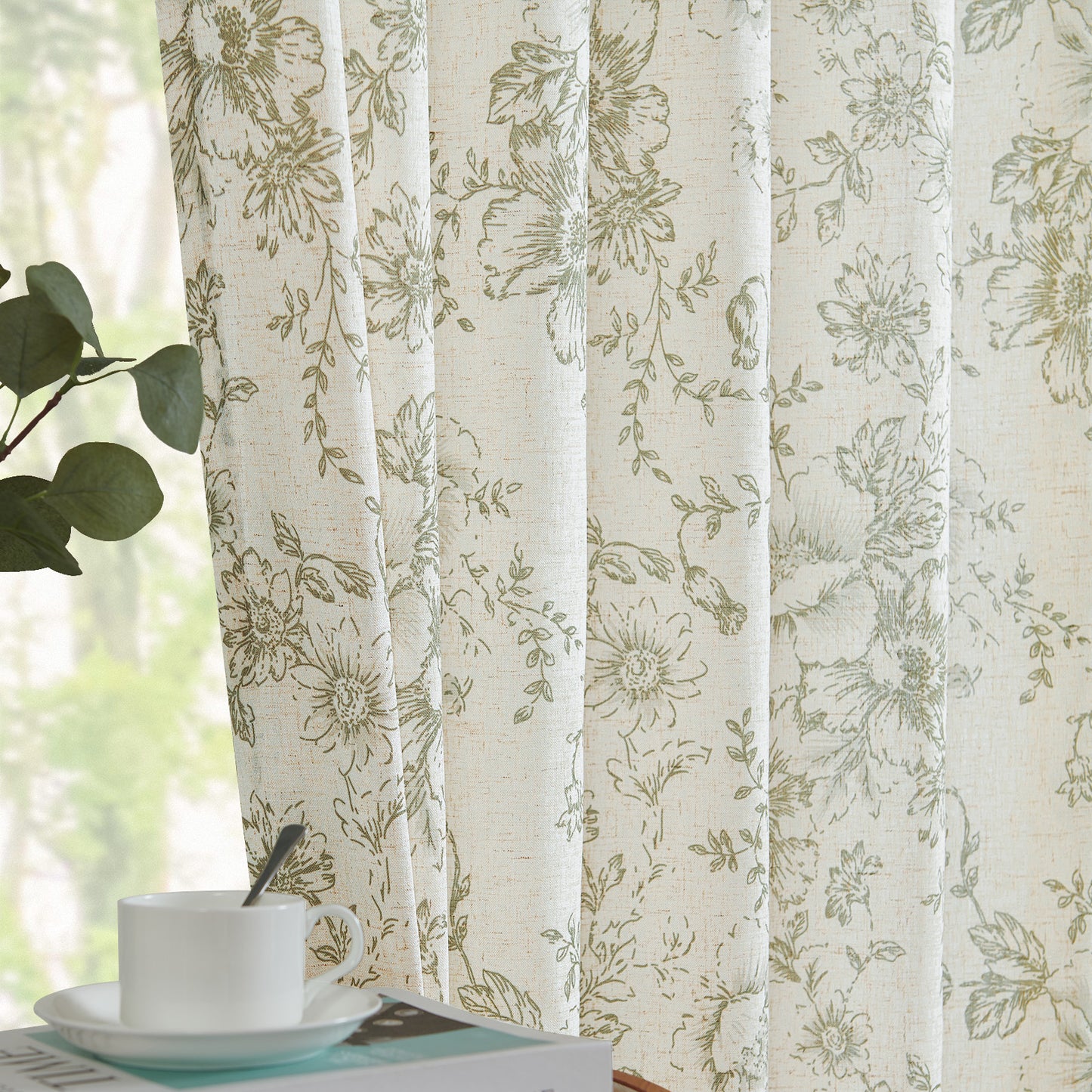 CURTAINKING Linen Curtains Floral Curtains for Living Room Curtains Rod Pocket Back Tab Farmhouse Peony Flower Patterned Drapes Bedroom Window Curtain Set 2 Panels