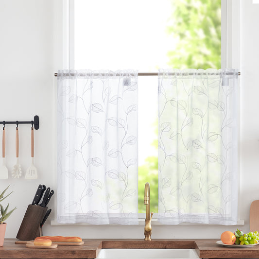 Curtainking Kitchen Curtains Leaf Embroidered Sheer Kitchen Windows Small Cafe Curtains Rod Pocket 2 Panels