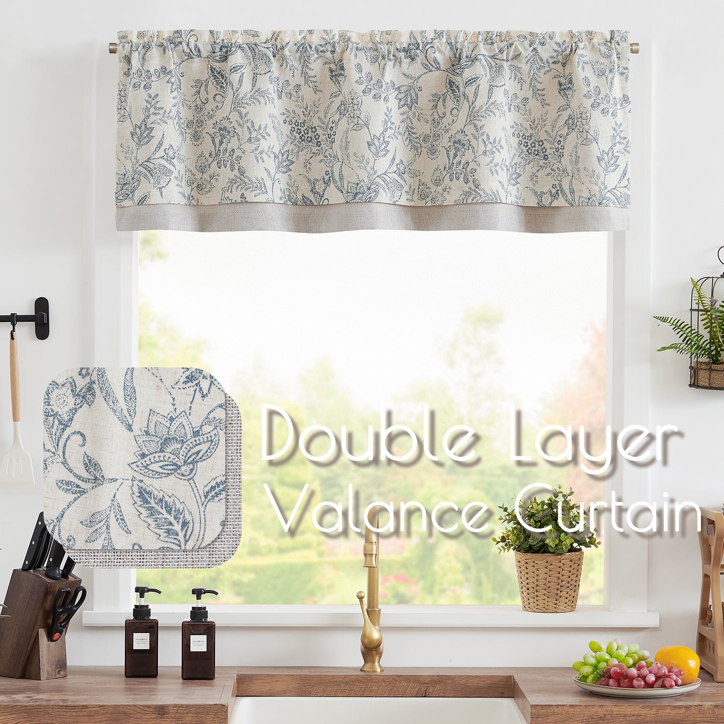 Curtainking Rod Pocket Linen Valance Curtain Double Layer Valance for Kitchen 1 Panel