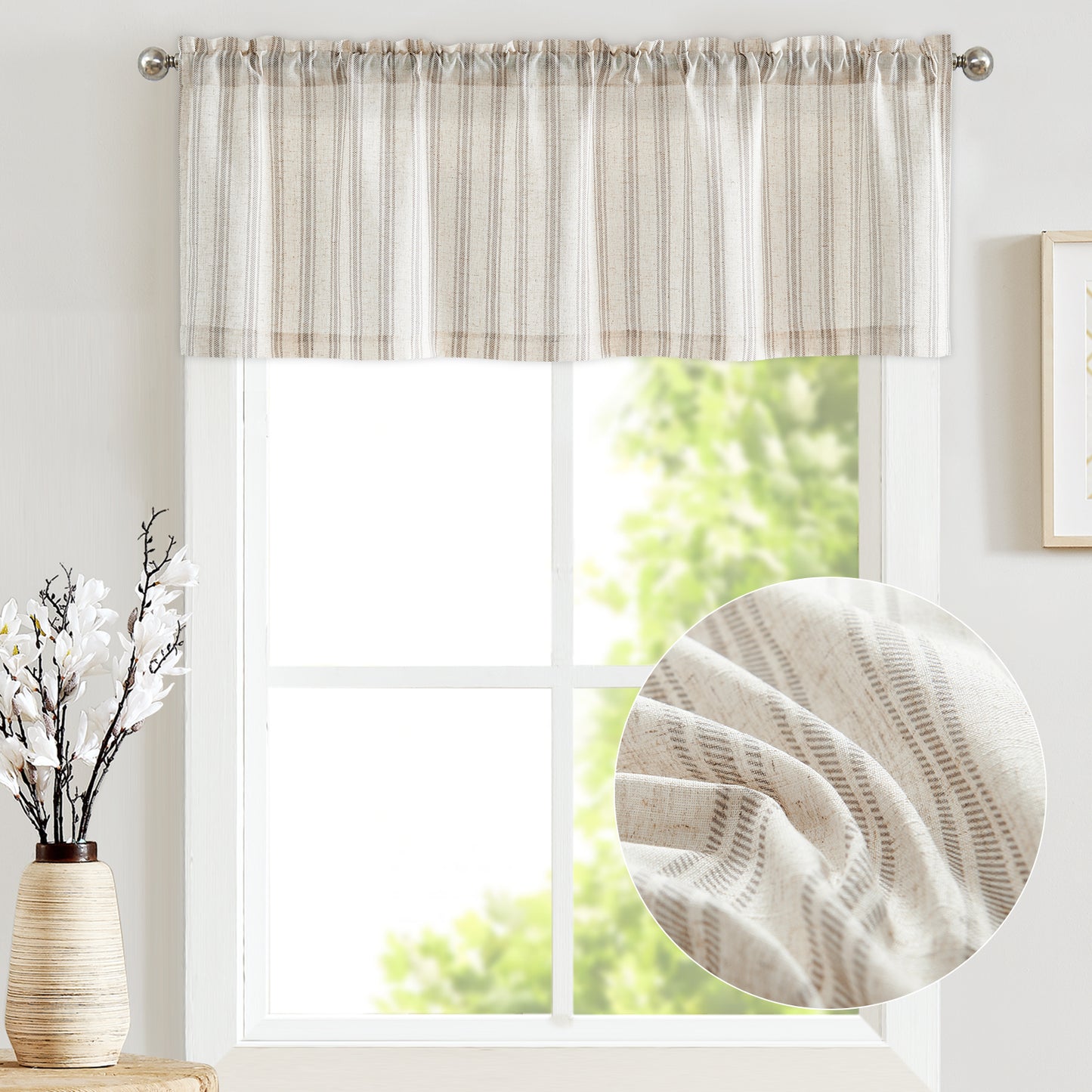 Curtainking Farmhouse Striped Valance Semi-Sheer Flax Linen Light Filtering Small Window Valance 16 inch Rod Pocket 1 Panel