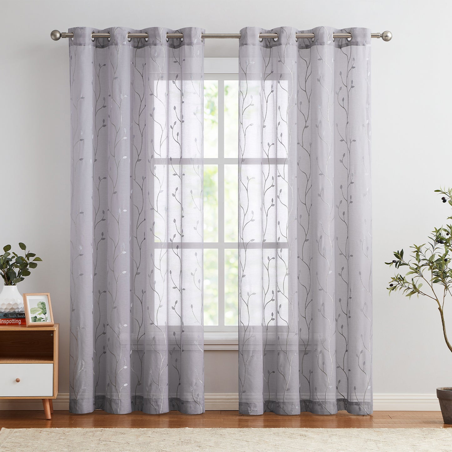 Curtainking Sheer Curtains Floral Embroidery Drapes Voile Light Filtering Window Curtain Set for Living Room Bedroom Grommet 2 Panels