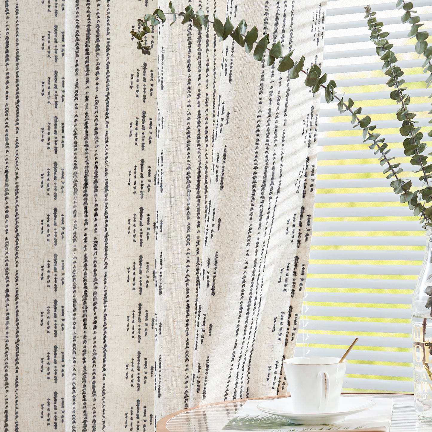 Curtainking Linen Blend Curtains Light Filtering Geometric Striped Boho Farmhouse Grommet Curtains for Living Room Pack of 2