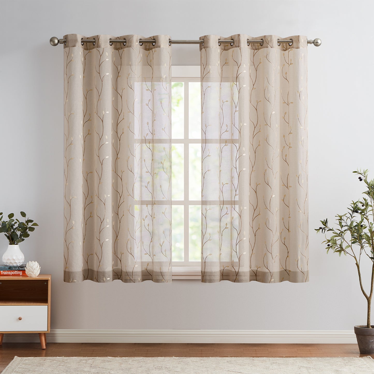 Curtainking Sheer Curtains Floral Embroidery Drapes Voile Light Filtering Window Curtain Set for Living Room Bedroom Grommet 2 Panels