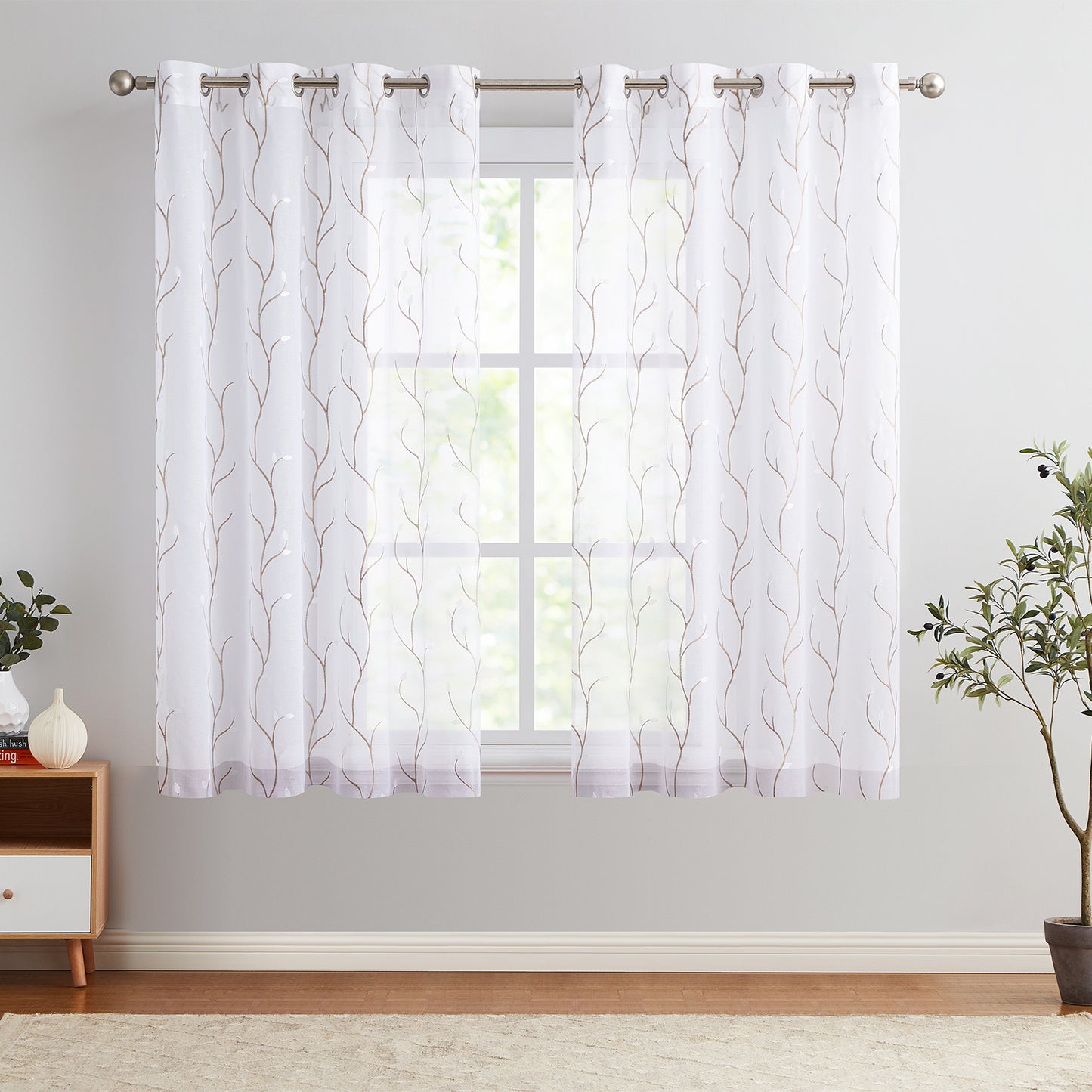 Curtainking Sheer Curtains Floral Embroidery Drapes Voile Light Filtering Window Curtain Set for Living Room Bedroom Grommet 2 Panels