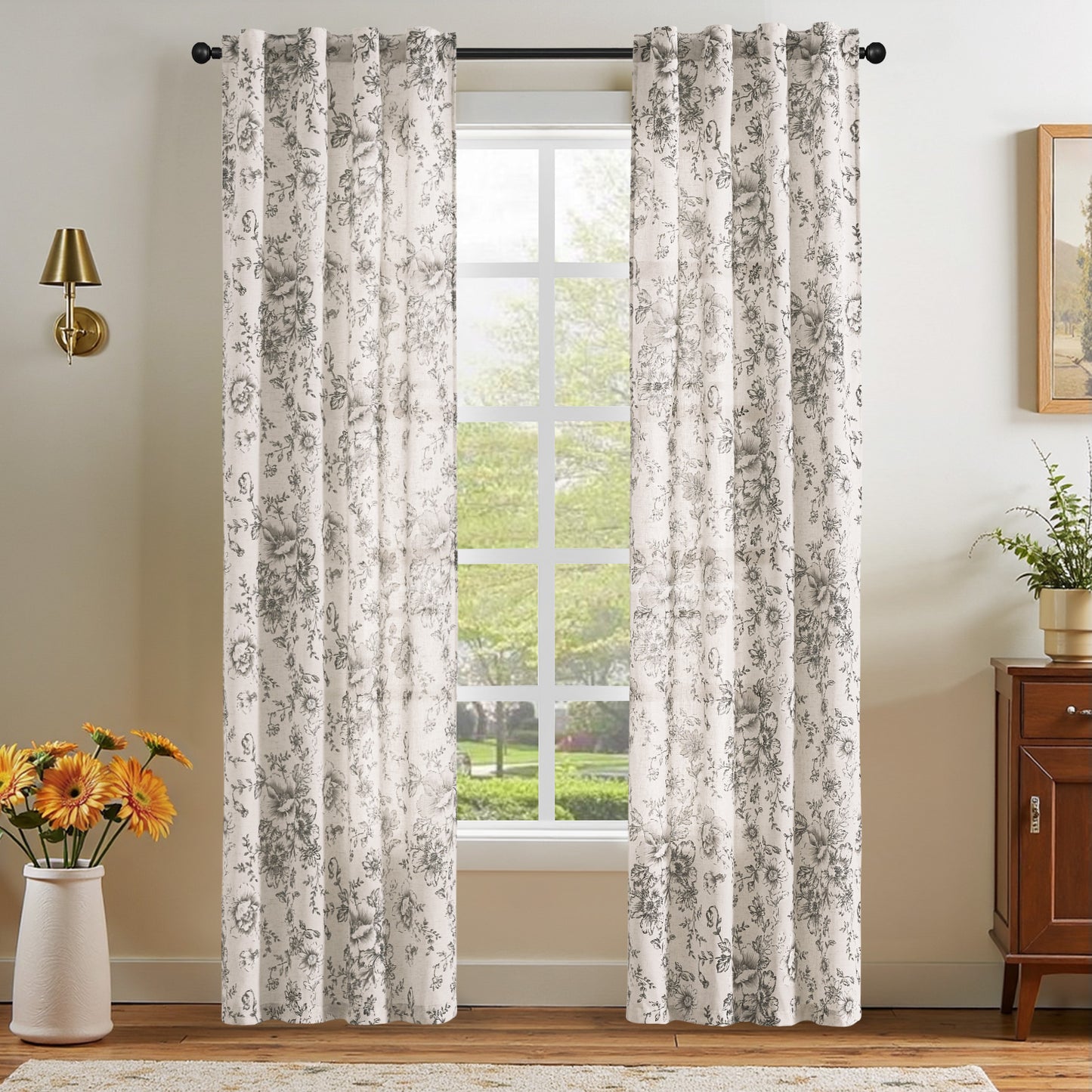 CURTAINKING Linen Curtains Floral Curtains for Living Room Printed Curtains Rod Pocket Back Tab Farmhouse Peony Flower Patterned Drapes Bedroom Window Curtain Set 2 Panels