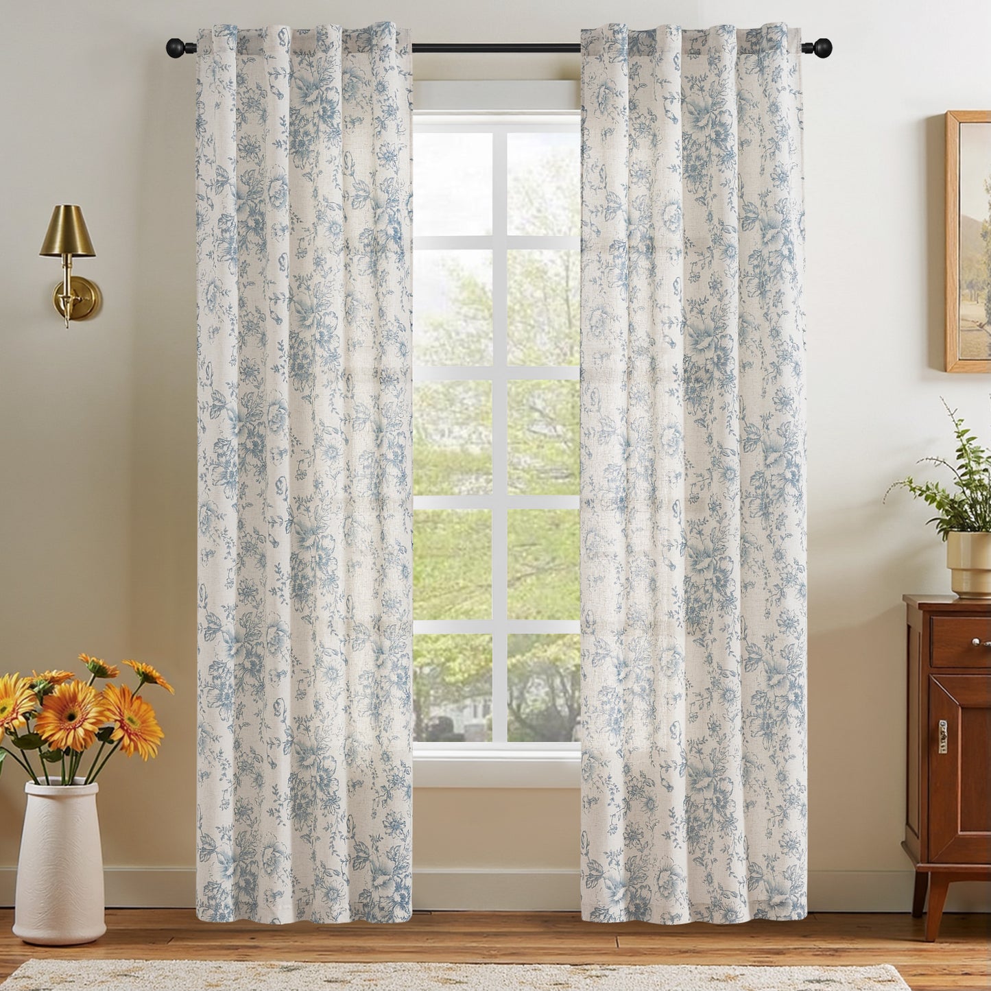 CURTAINKING Linen Curtains Floral Curtains for Living Room Printed Curtains Rod Pocket Back Tab Farmhouse Peony Flower Patterned Drapes Bedroom Window Curtain Set 2 Panels