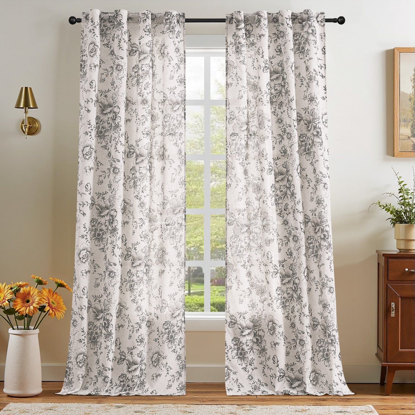 CURTAINKING Linen Curtains Floral Curtains for Living Room Printed Curtains Rod Pocket Back Tab Farmhouse Peony Flower Patterned Drapes Bedroom Window Curtain Set 2 Panels