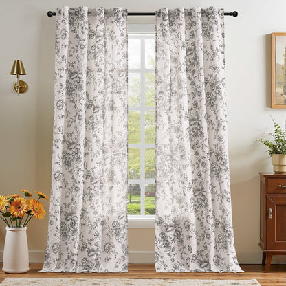 CURTAINKING Linen Curtains Floral Curtains for Living Room Printed Curtains Rod Pocket Back Tab Farmhouse Peony Flower Patterned Drapes Bedroom Window Curtain Set 2 Panels