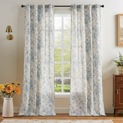 CURTAINKING Linen Curtains Floral Curtains for Living Room Printed Curtains Rod Pocket Back Tab Farmhouse Peony Flower Patterned Drapes Bedroom Window Curtain Set 2 Panels