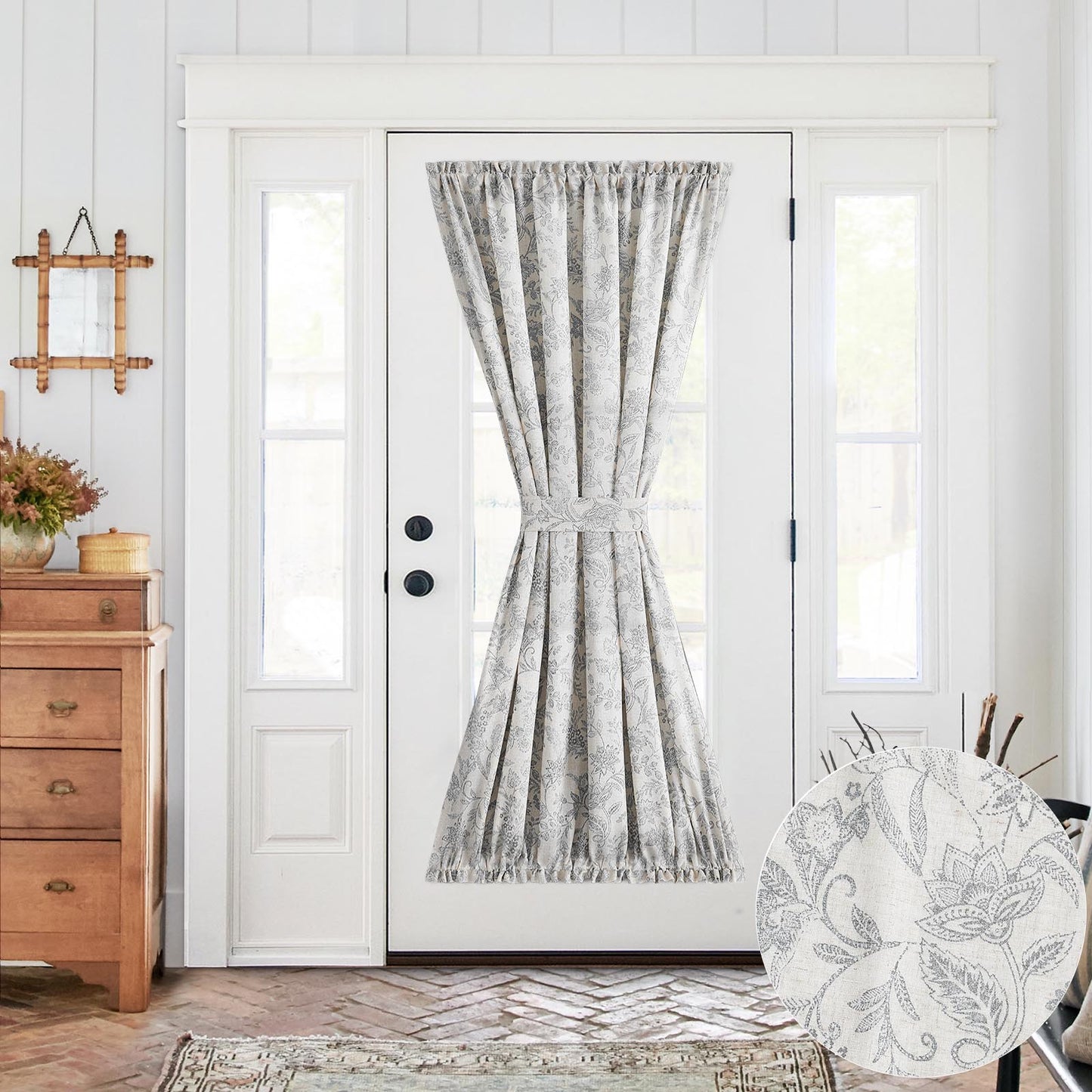 CURTAINKING French Door Curtains Panel Farmhouse Linen Rod Pocket Curtains for Door Window Floral Printed, 1 Tieback Included