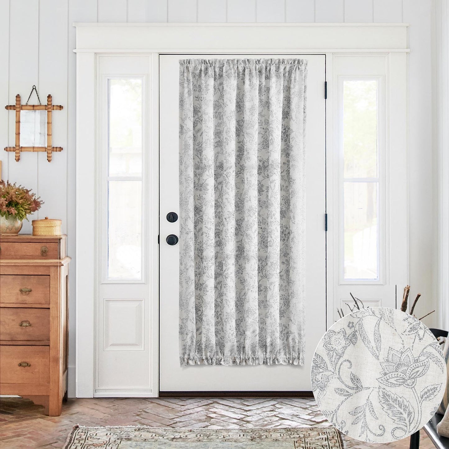 CURTAINKING French Door Curtains Panel Farmhouse Linen Rod Pocket Curtains for Door Window Floral Printed, 1 Tieback Included