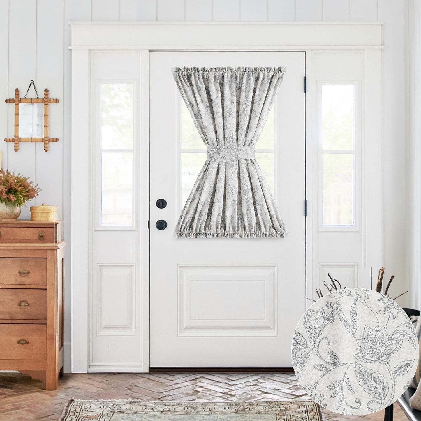 CURTAINKING French Door Curtains Panel Farmhouse Linen Rod Pocket Curtains for Door Window Floral Printed, 1 Tieback Included
