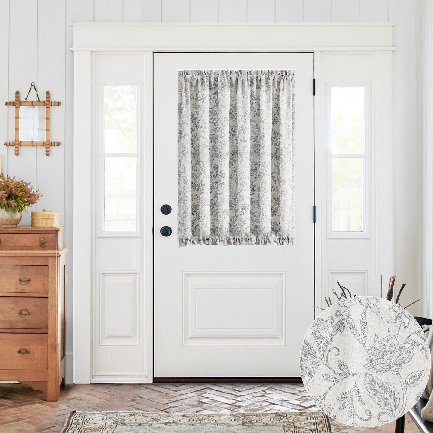 CURTAINKING French Door Curtains Panel Farmhouse Linen Rod Pocket Curtains for Door Window Floral Printed, 1 Tieback Included