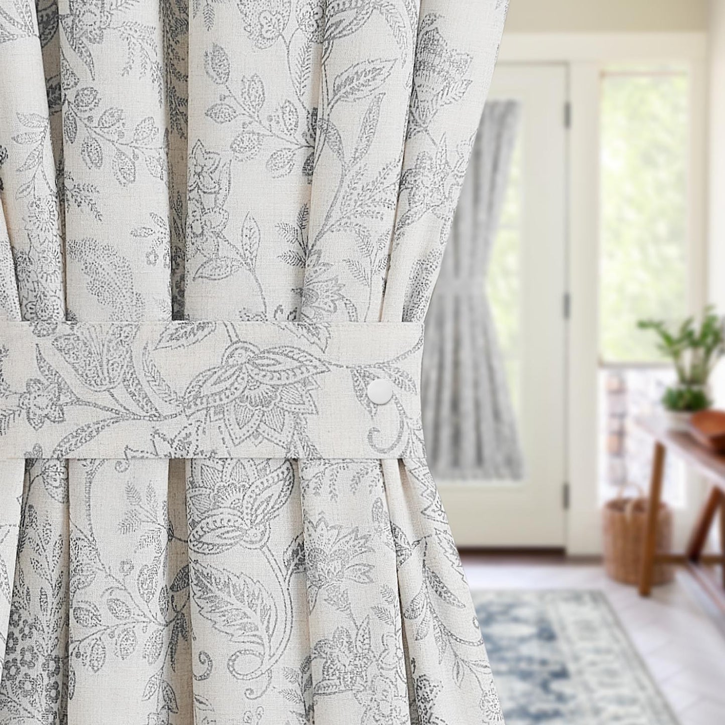 CURTAINKING French Door Curtains Panel Farmhouse Linen Rod Pocket Curtains for Door Window Floral Printed, 1 Tieback Included