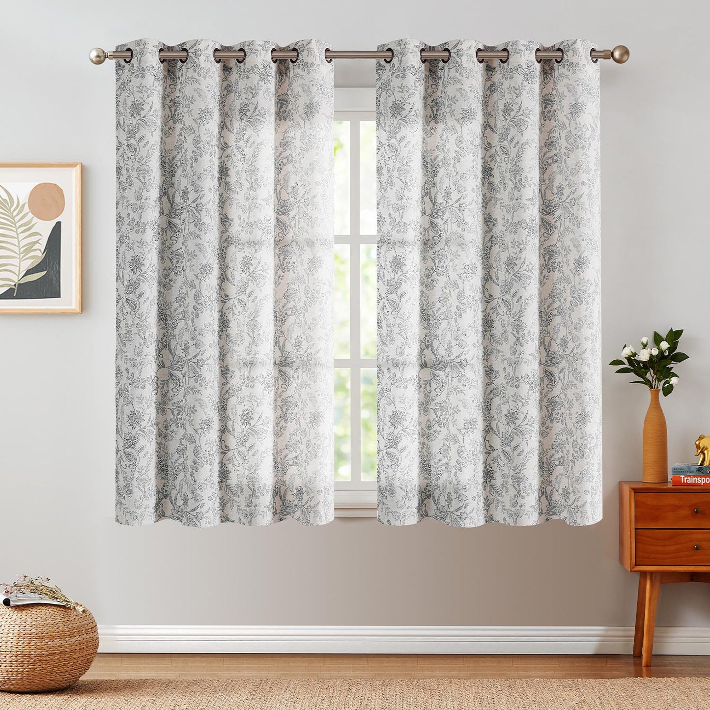 Curtainking Floral Curtains Linen Farmhouse Curtains for Living Room Country Curtains Grommet Top Semi Sheer Curtains Light Filtering 2 Panels