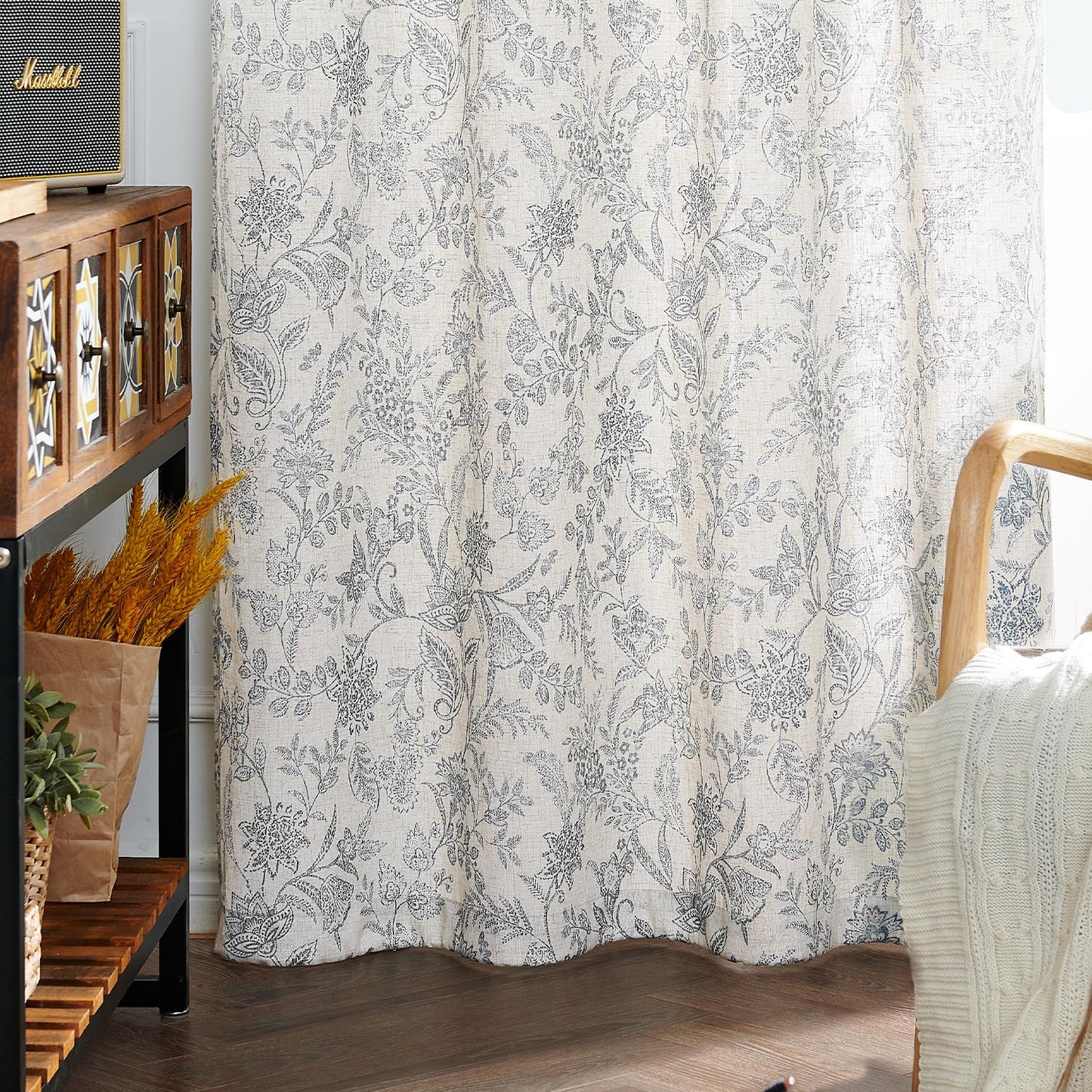 Curtainking Floral Curtains Linen Farmhouse Curtains for Living Room Country Curtains Grommet Top Semi Sheer Curtains Light Filtering 2 Panels