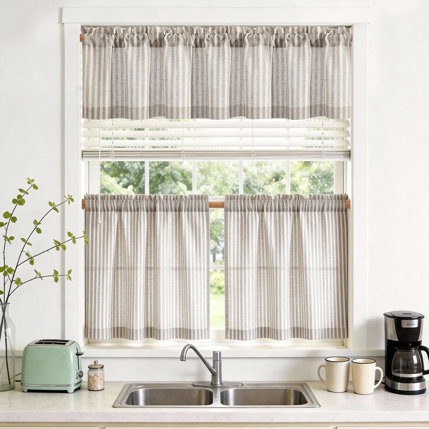 TOPICK Striped Kitchen Curtains and Valance Set Small Linen Curtains for Cafe Living Room Bathroom Farmhouse 3 Pieces Set Rod Pocket