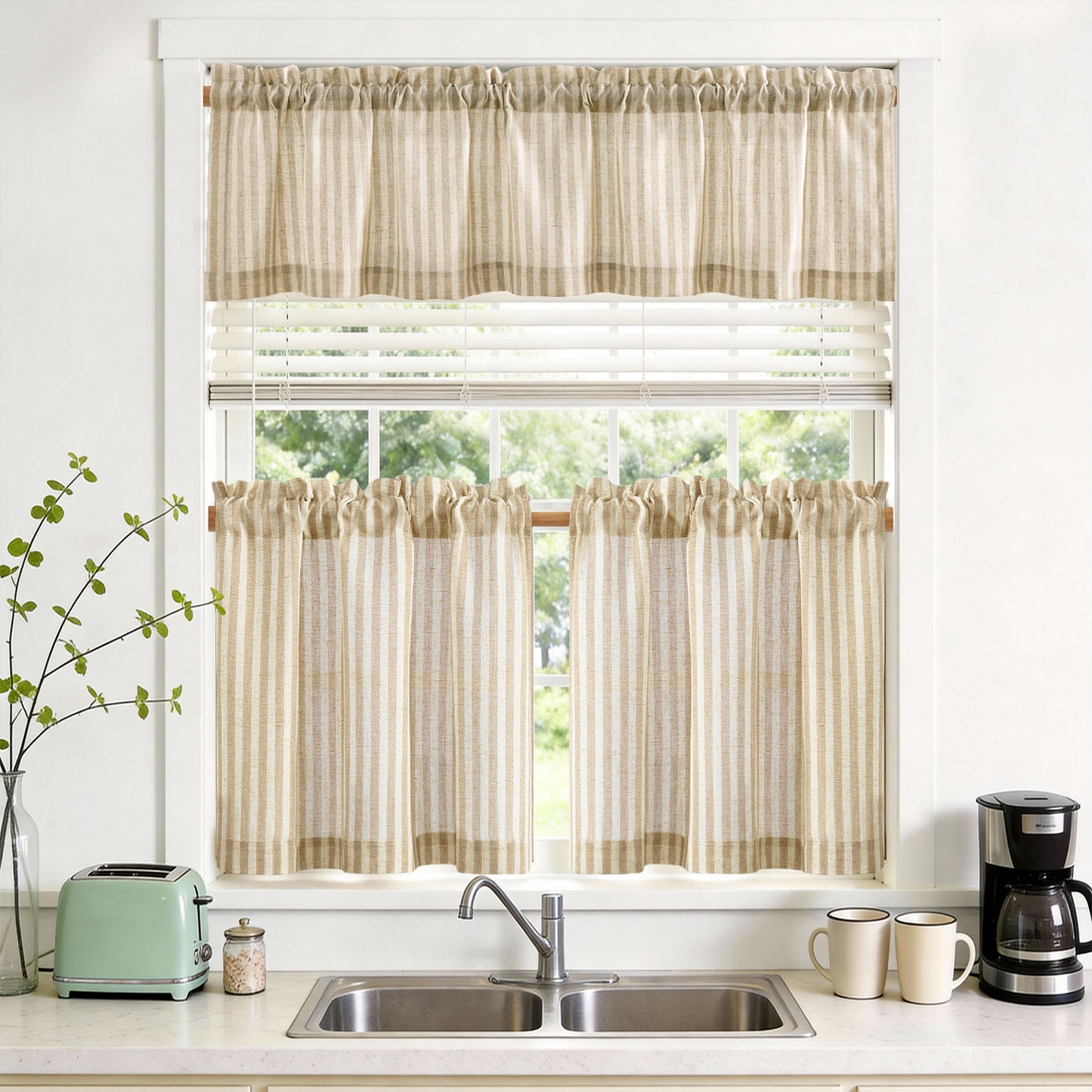 TOPICK Striped Kitchen Curtains and Valance Set Small Linen Curtains for Cafe Living Room Bathroom Farmhouse 3 Pieces Set Rod Pocket