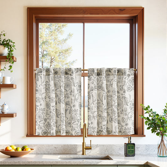 TOPICK Linen Floral Kitchen Curtains , Vintage Farmhouse Cottagecore Cafe Curtains with Back Tab, Light Filtering Small Window Drapes for Kitchen Bathroom Cafe, Set of 2