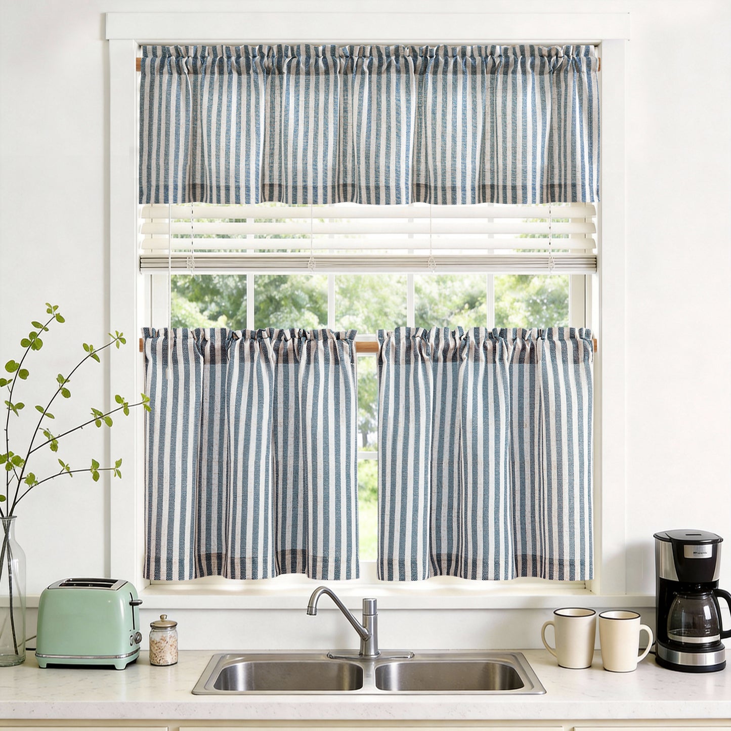 TOPICK Striped Kitchen Curtains and Valance Set Small Linen Curtains for Cafe Living Room Bathroom Farmhouse 3 Pieces Set Rod Pocket
