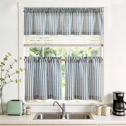 TOPICK Striped Kitchen Curtains and Valance Set Small Linen Curtains for Cafe Living Room Bathroom Farmhouse 3 Pieces Set Rod Pocket