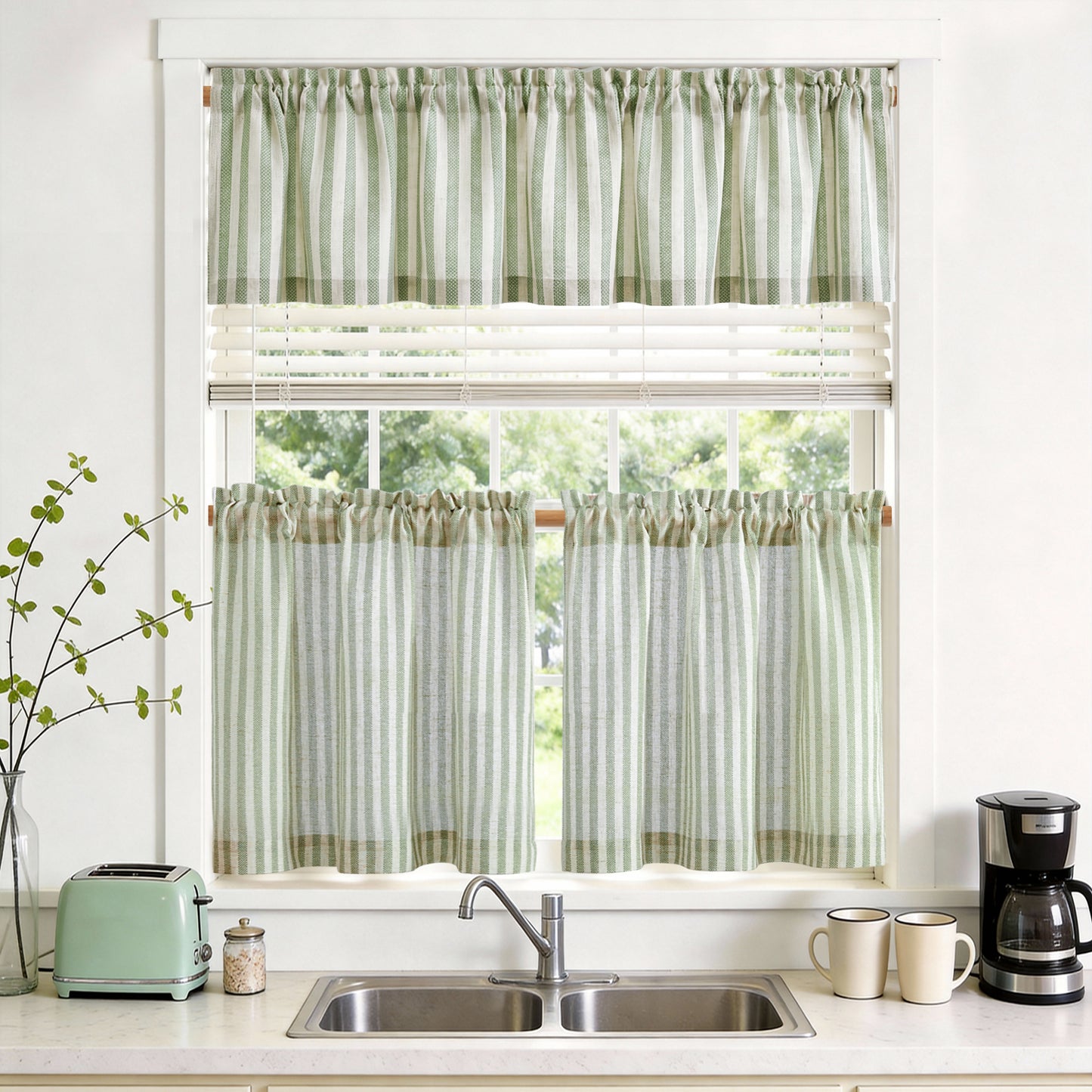 TOPICK Striped Kitchen Curtains and Valance Set Small Linen Curtains for Cafe Living Room Bathroom Farmhouse 3 Pieces Set Rod Pocket