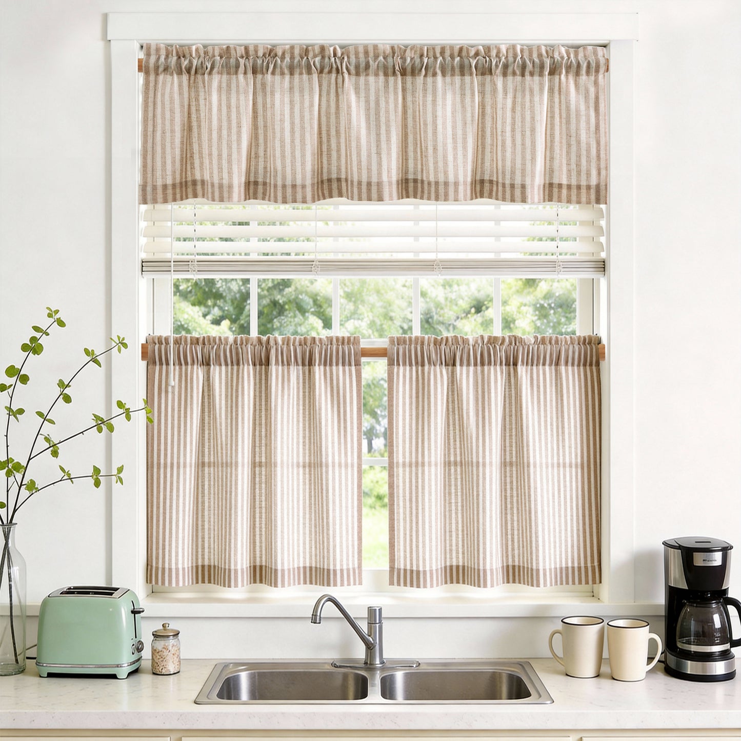 TOPICK Striped Kitchen Curtains and Valance Set Small Linen Curtains for Cafe Living Room Bathroom Farmhouse 3 Pieces Set Rod Pocket