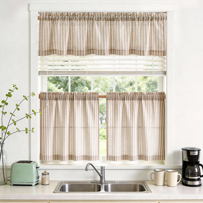 TOPICK Striped Kitchen Curtains and Valance Set Small Linen Curtains for Cafe Living Room Bathroom Farmhouse 3 Pieces Set Rod Pocket