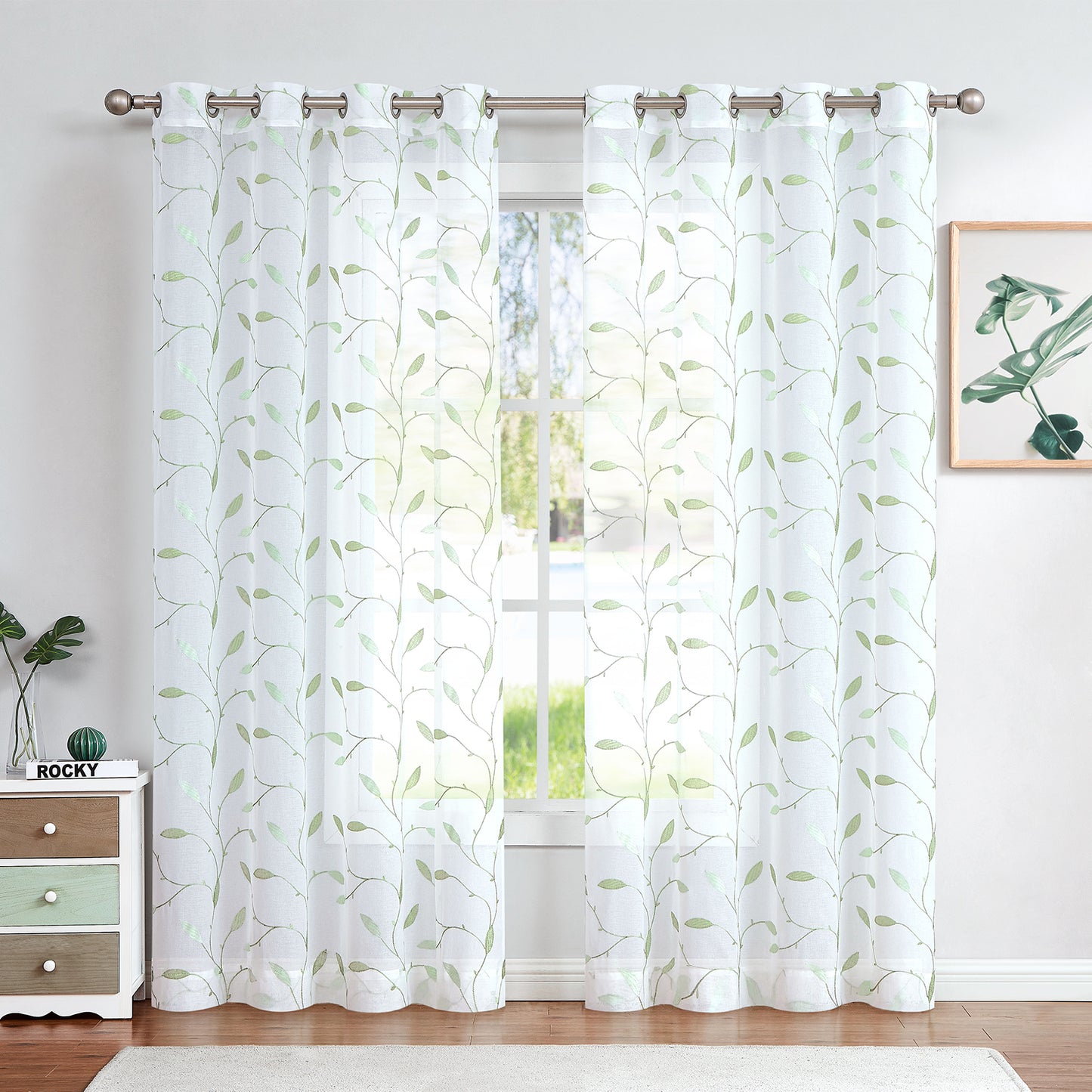 Curtainking Sheer Curtains Embroidered Leaf Window Curtains for Living Room Grommet Top 2 Panels Voile Drapes for Bedroom